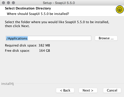 Installing SoapUI on macOS: Select destination directory