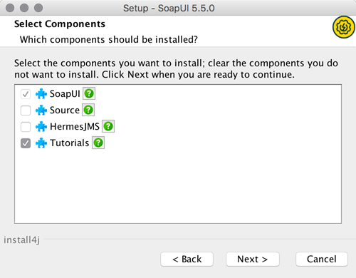 Installing SoapUI on macOS: Select components