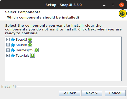 Installing SoapUI on Linux: Select components
