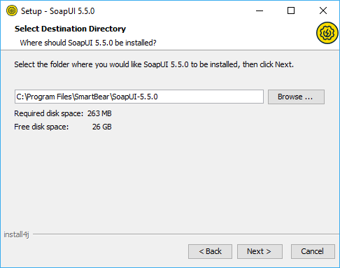 Installing SoapUI on Windows: Select the destination folder