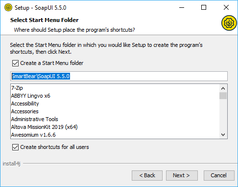 Installing SoapUI on Windows: Select start menu folder