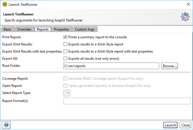 The Reports tab of the Launch TestTunner dialog
